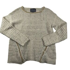 Paper Crane Sweater Gray  Knit Long Sleeve Metallic Gold Chain Trim Cozy Chic‎